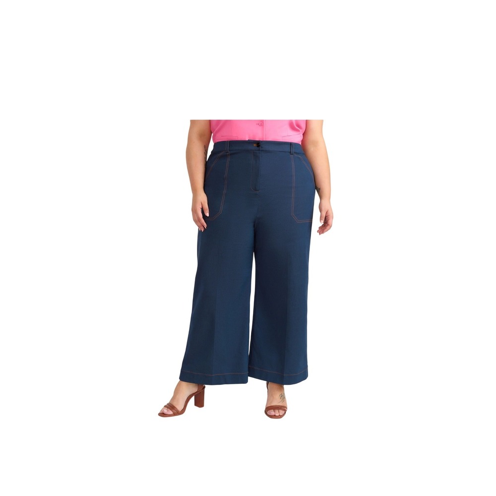 NY&C Wide Leg Cropped Pants‎ High Waist Contrast Stitching Blue Plus Size 22W